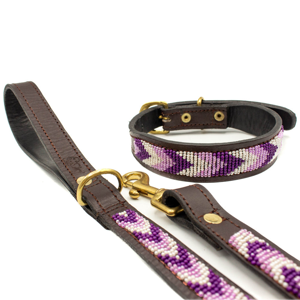 Laisse pour chien en perles et cuir Gigi Lilac