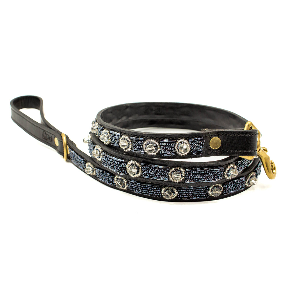 Laisse pour chien en perles et cuir Gigi Silver