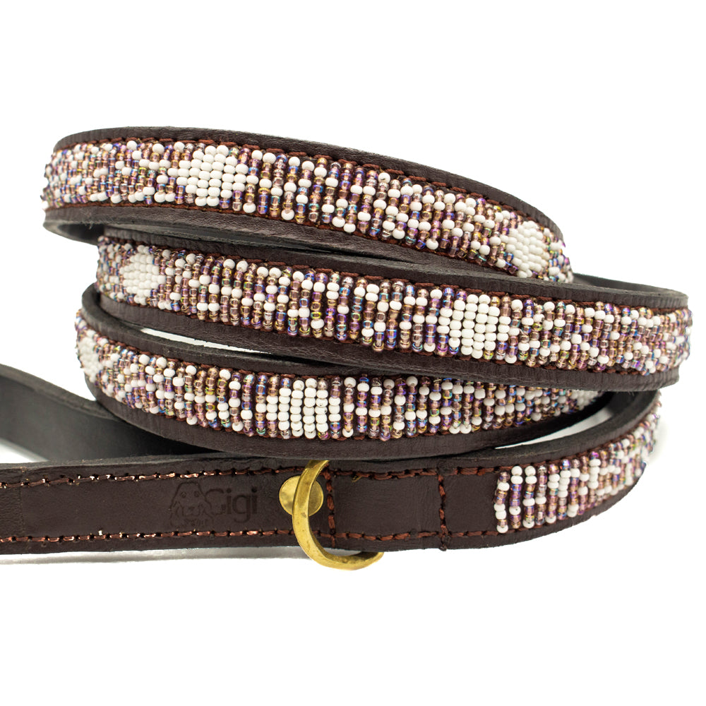 Laisse pour chien en perles et cuir Gigi Violette