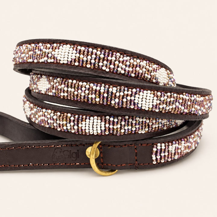 Laisse pour chien en perles et cuir Gigi Violette