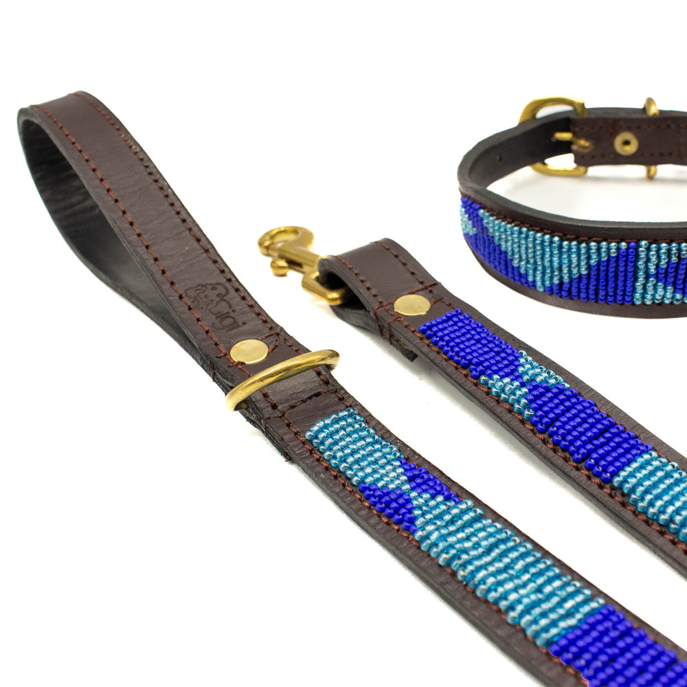 Laisse pour chien en perles et cuir Gigi Azure