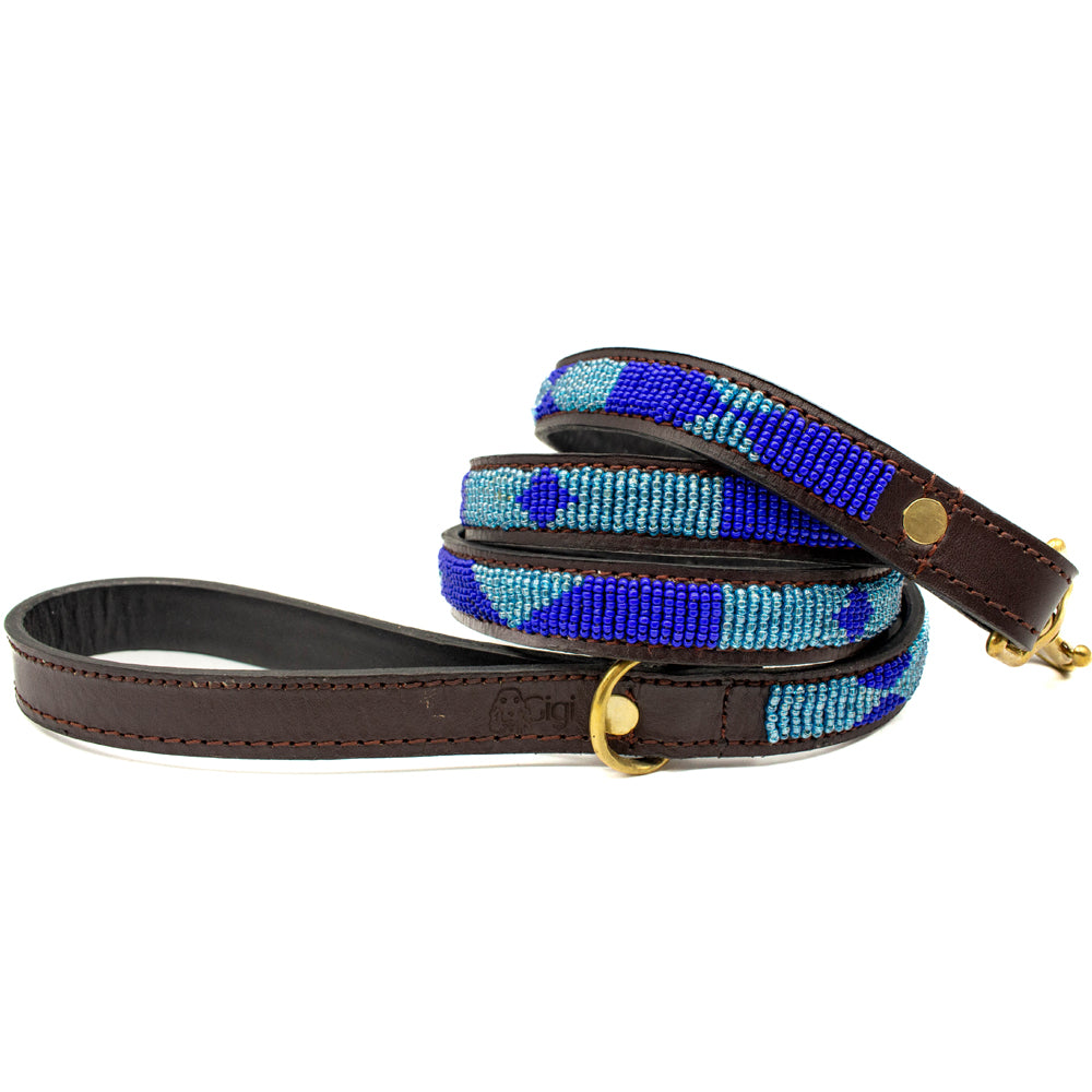 Laisse pour chien en perles et cuir Gigi Azure