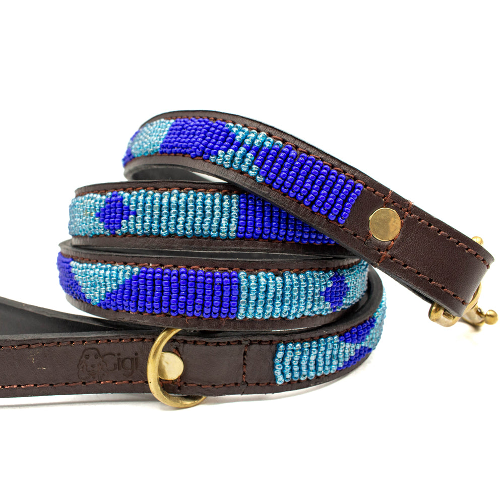Laisse pour chien en perles et cuir Gigi Azure