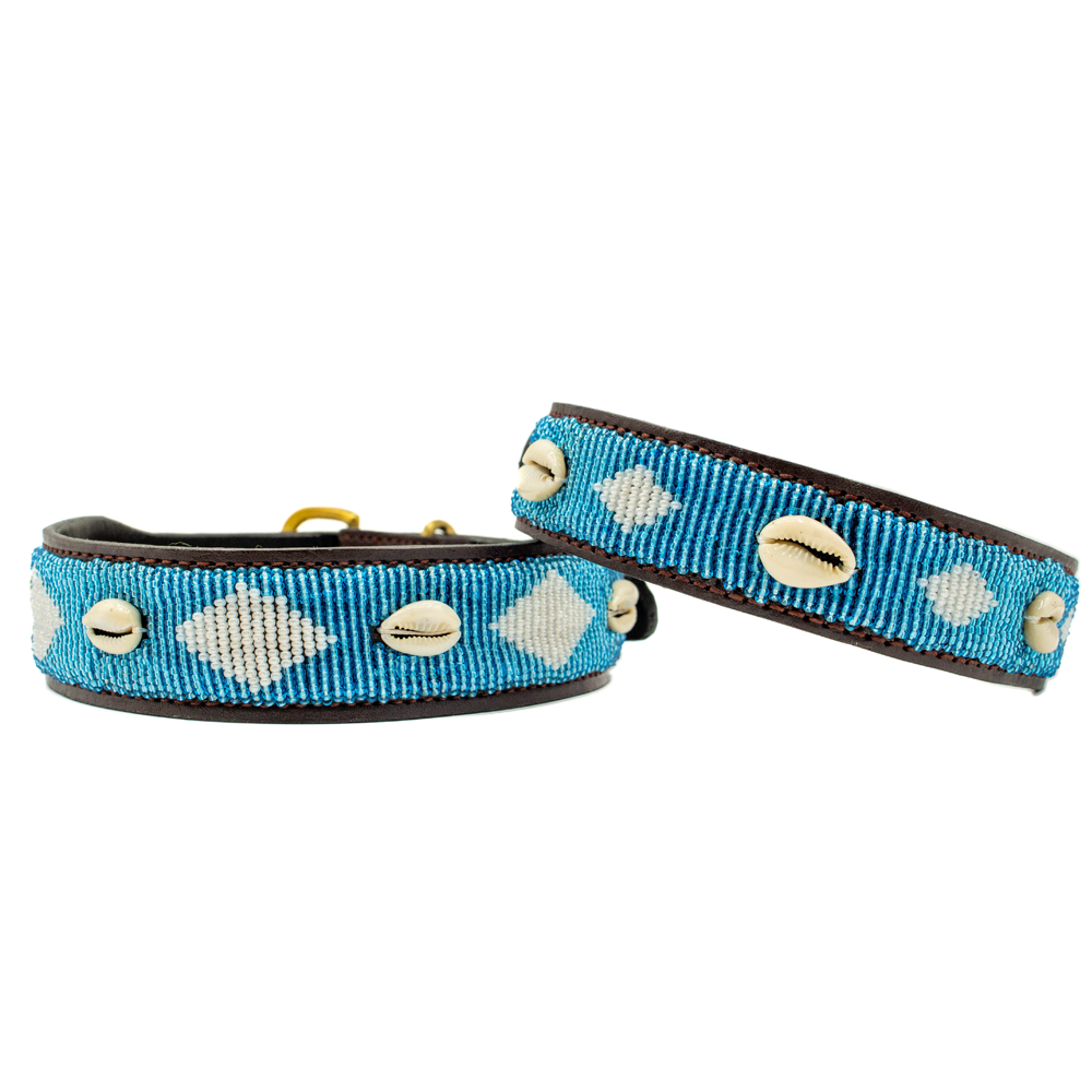 Collier pour chien en perles et cuir Gigi Blue Shell
