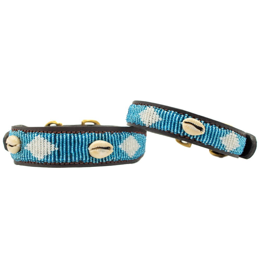 Collier pour chien en perles et cuir Gigi Blue Shell