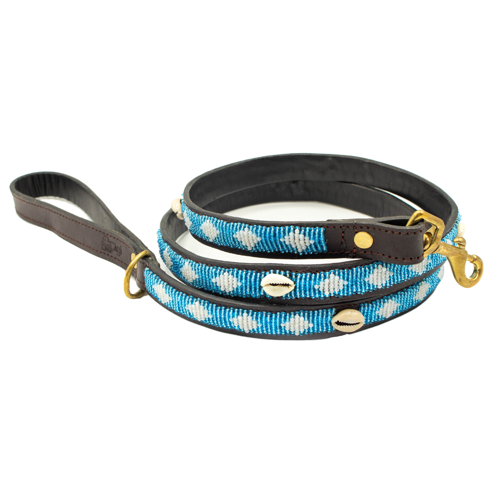 Laisse pour chien en perles et cuir Gigi Blue Shell