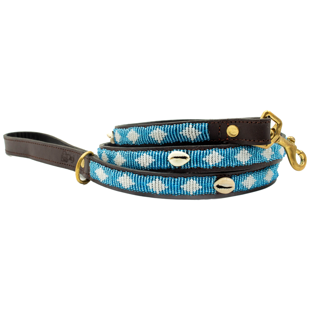 Laisse pour chien en perles et cuir Gigi Blue Shell