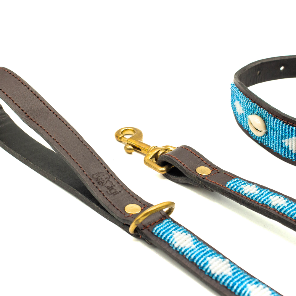 Laisse pour chien en perles et cuir Gigi Blue Shell