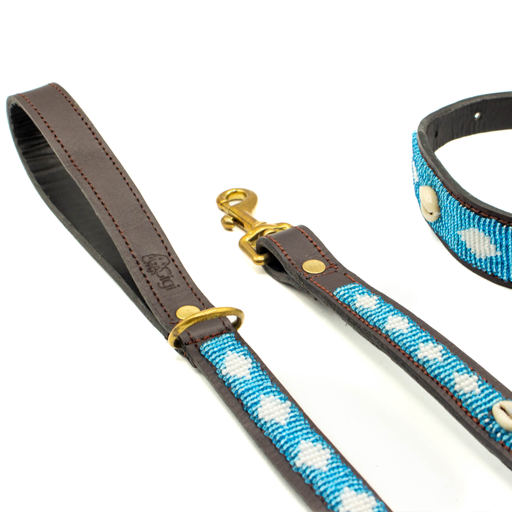Laisse pour chien en perles et cuir Gigi Blue Shell