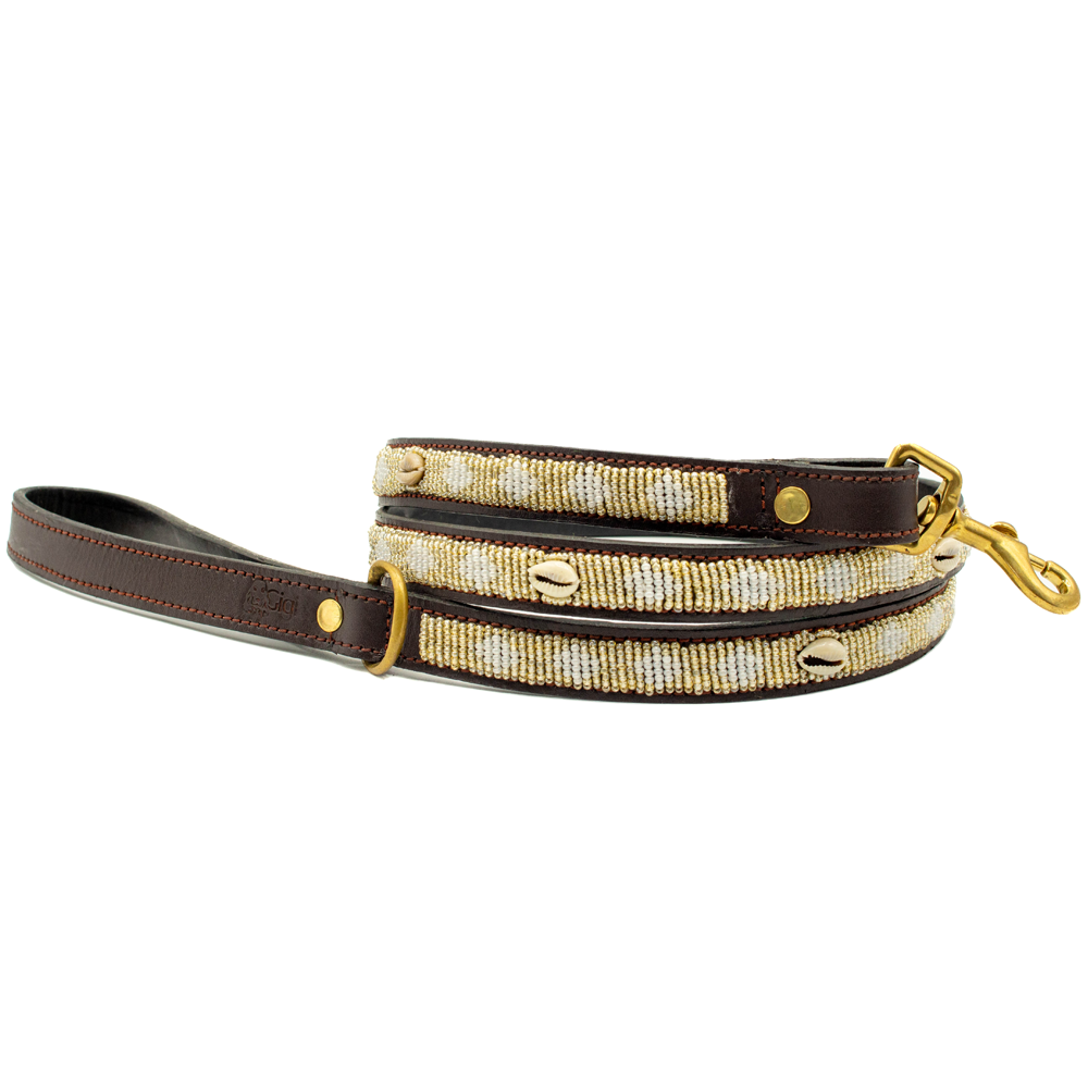 Laisse pour chien en perles et cuir Gigi Golden Shell