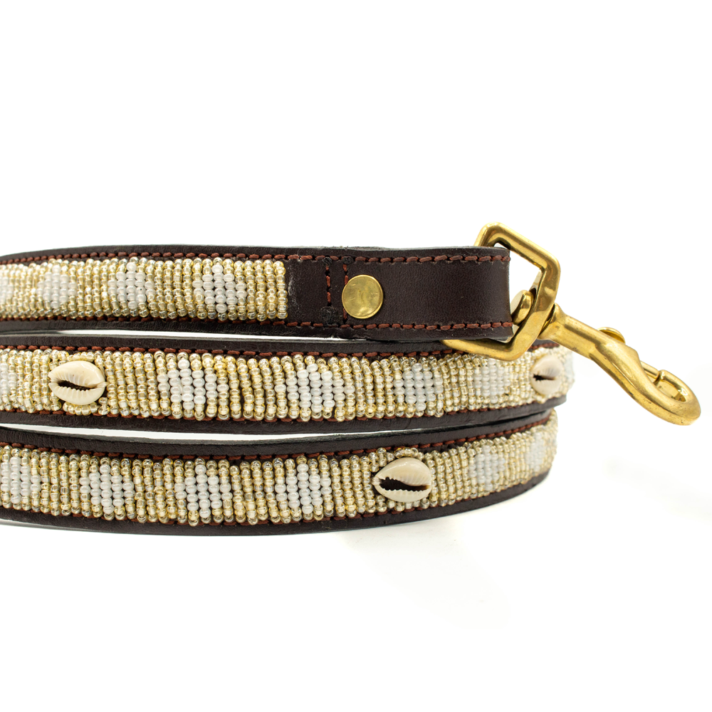Laisse pour chien en perles et cuir Gigi Golden Shell