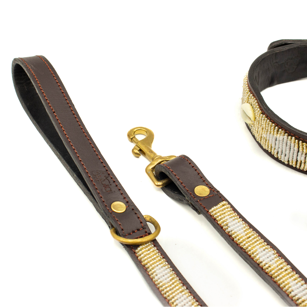 Laisse pour chien en perles et cuir Gigi Golden Shell