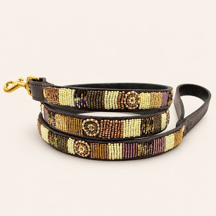 Laisse pour chien en perles et cuir Gigi Golden