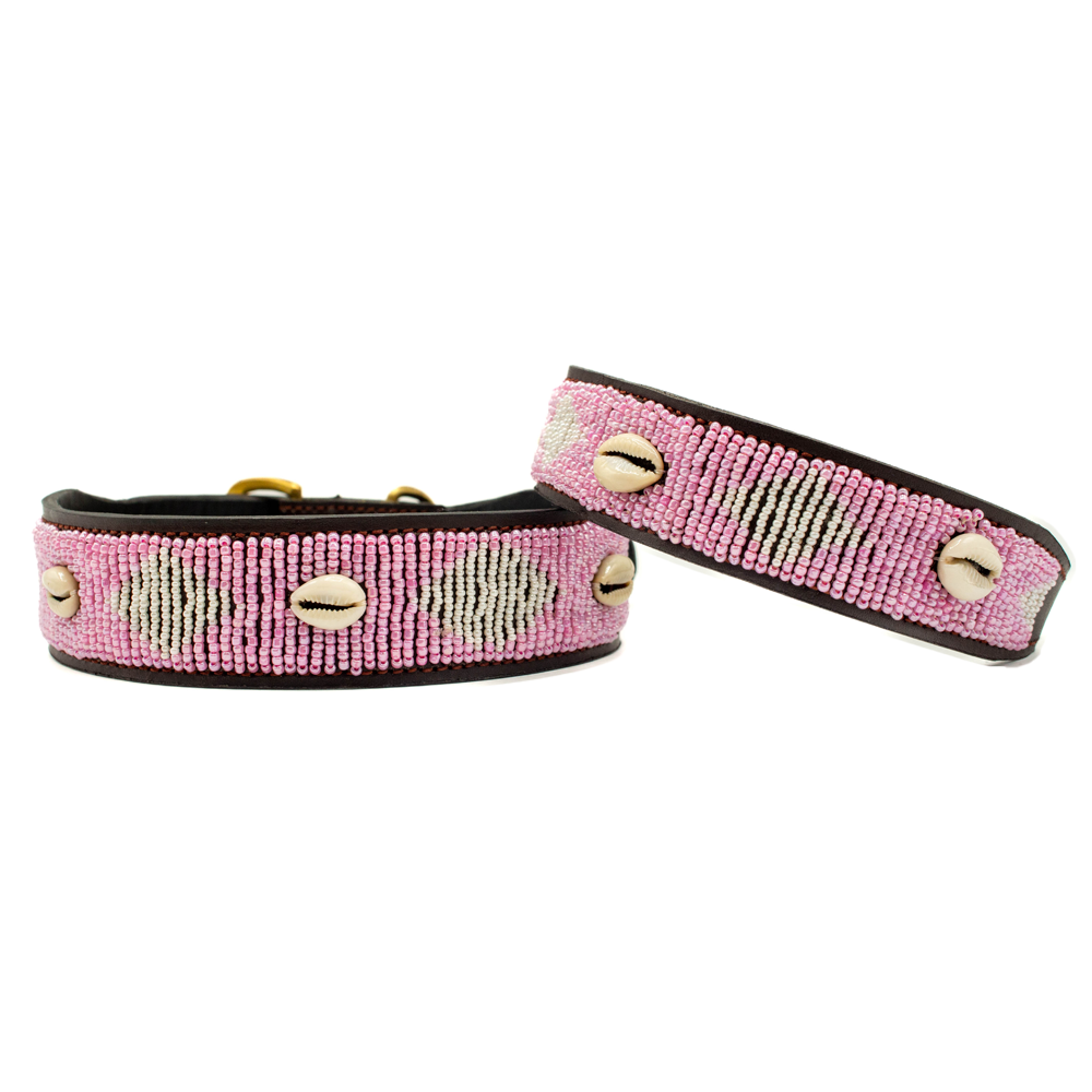 Collier pour chien en perles et cuir Gigi Pink Shell
