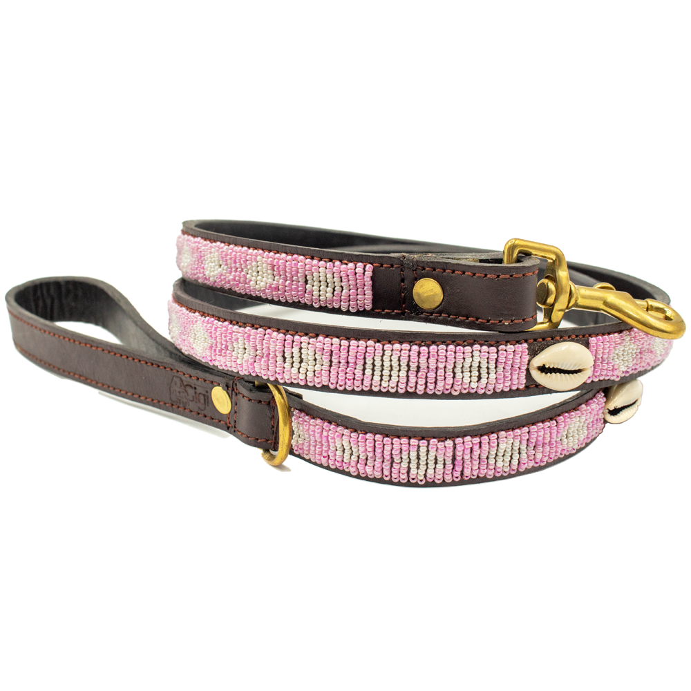Laisse pour chien en perles et cuir Gigi Pink Shell