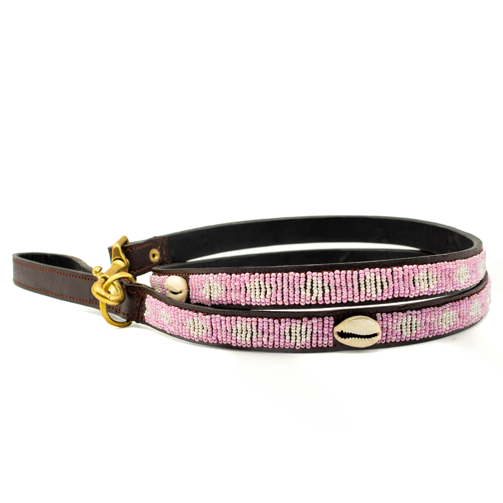 Laisse pour chien en perles et cuir Gigi Pink Shell
