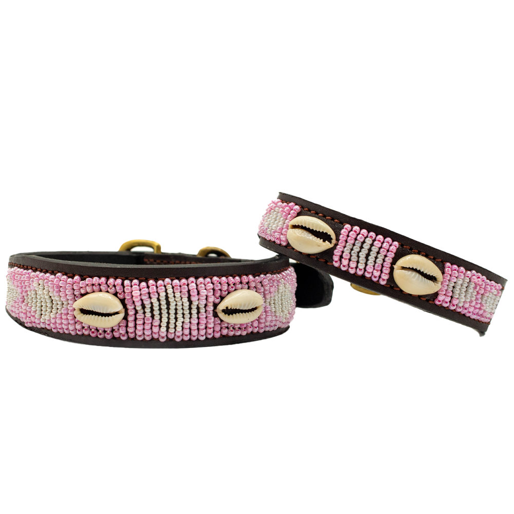 Collier pour chien en perles et cuir Gigi Pink Shell