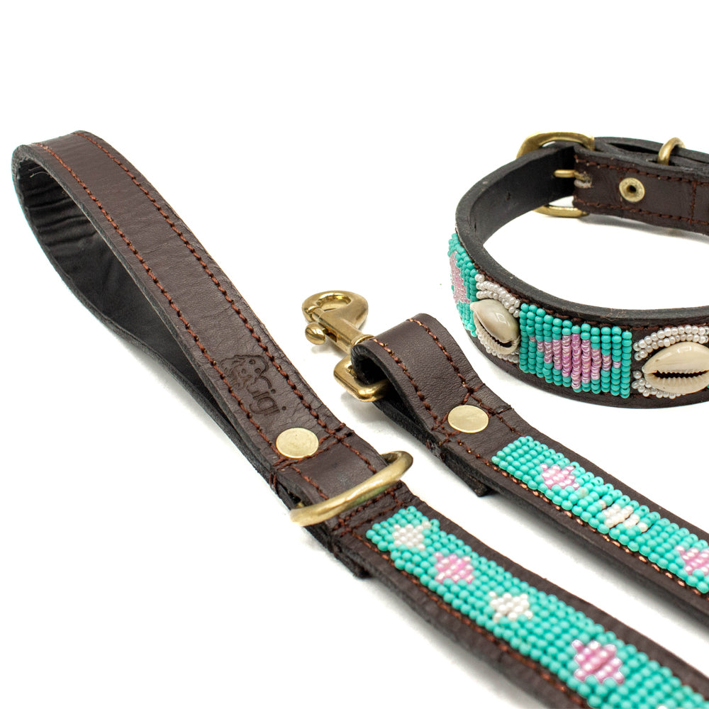 Laisse pour chien en perles et cuir Gigi Seashell