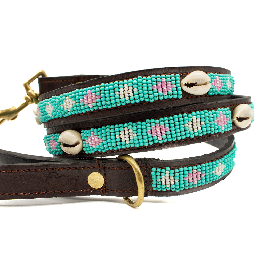 Laisse pour chien en perles et cuir Gigi Seashell